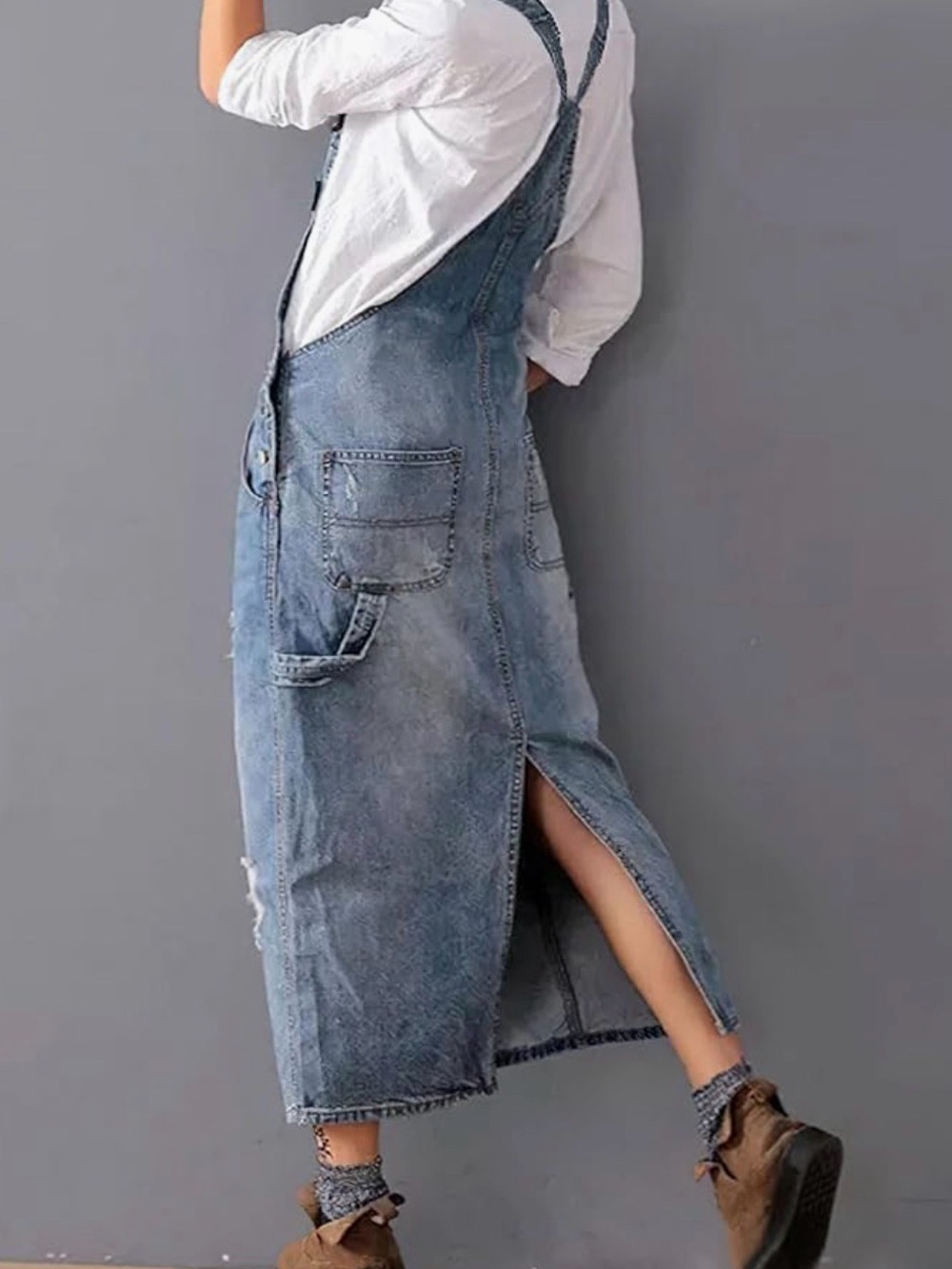 Women’s Distressed Denim Overall Jeans Skirt Dress - Light Blue Blue Wash L - Picture 3 of 5